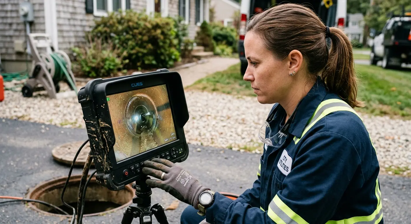 Technician reviewing sewer camera inspection footage in Lynchburg