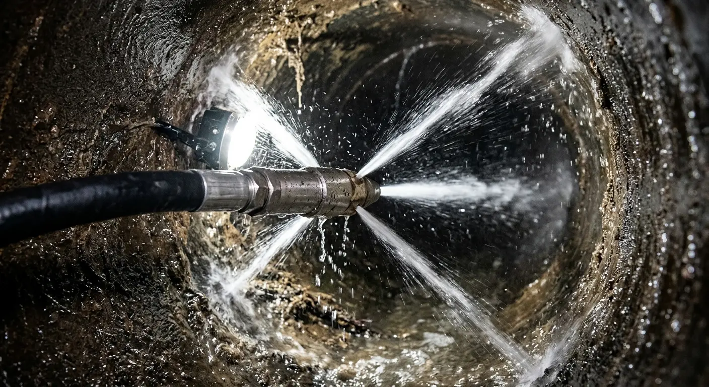 High-pressure hydro jetting nozzle cleaning sewer pipe for Emergency Drain Service in Lynchburg