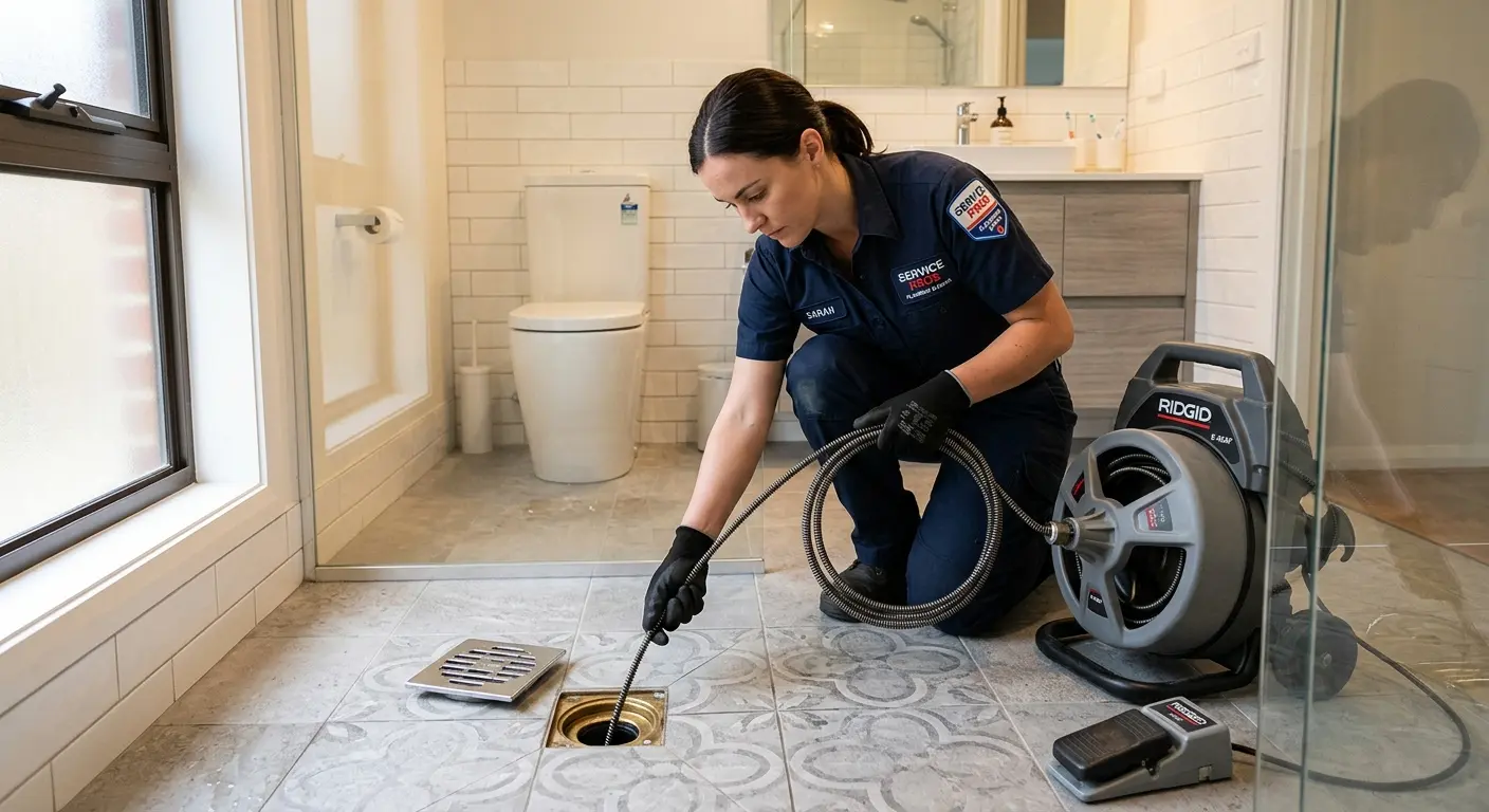 Technician clearing a bathroom floor drain for Drain Cleaning in Lynchburg